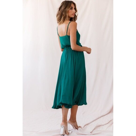 Selfie Leslie Forest Green Ava Cowl Neck Satin Drawstring Midi Dress Size XS - Picture 3 of 12